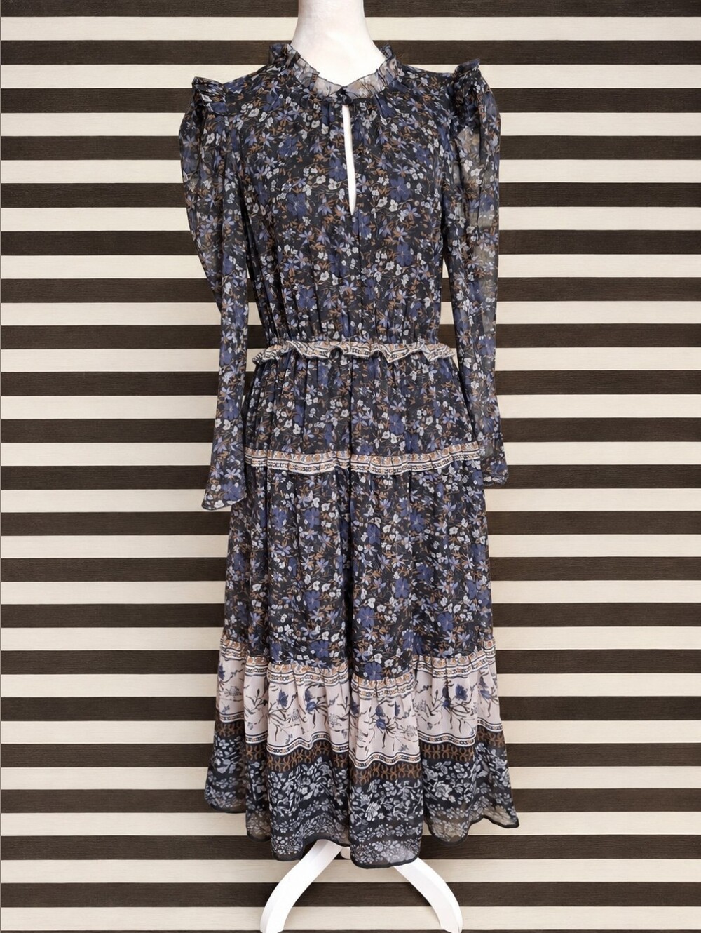 Antonio Melani Floral Tiered Ruffle Maxi Dress Elastic Waist Long Sleeve  Size 8 - Picture 2 of 16